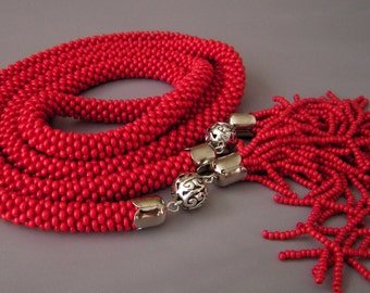 Long Crocheted Beaded Red Necklace/ Long Crocheted Beaded Red Tassel Lariat