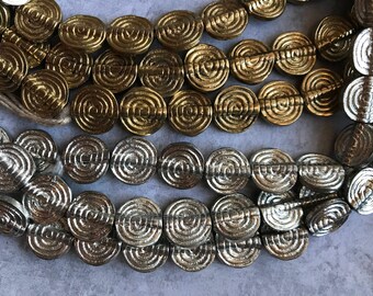 11mm Flat Spiral African Metal Beads, Choice of Finish, African Brass Beads, African Beads, Brass Beads, Bead Strands