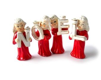 Vintage Christmas NOEL Red Angel Figurine Candle Holder Set / In Box / Christmas Collectibles / Vintage Christmas / Christmas Angels / Japan
