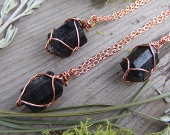 raw rough natural black tourmaline crystal wire wrapped in pure copper pendant necklace with adjustable leather chord or copper chain smooth