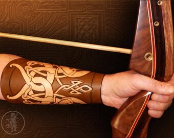 Hand Carved Leather Archery Bracer, Armguard Celtic Dogs Dark Design LARP