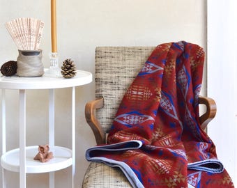Wool Blanket Native American Inspired Design Deep Red Blue Brown & Gold Lightweight Throw