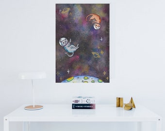 digital image of cats in space, original watercolor painting