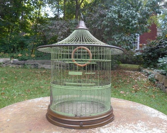 Hendryx Brass Bird Cage Pagoda Shape Wedding Decor with Round Wood Perch Old Green Paint Table Top Display Photo Prop Wedding Card Holder