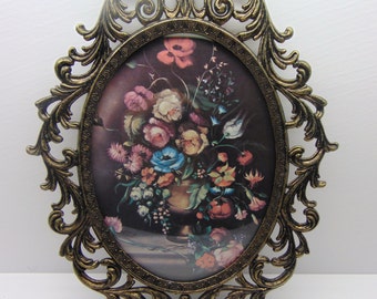 Vintage Oval Metal Framed Floral Picture