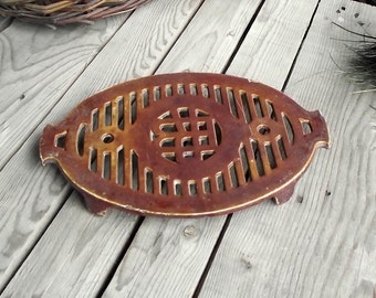 Cast Iron Trivet - French Enamel Trivet - Enameled Pot Holder - Brown Enamel Trivet - Heavy Trivet - French Table Decor - Shabby Chic Table