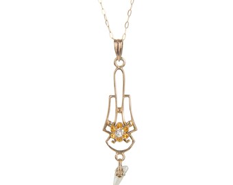 Art Nouveau 10k lavaliere necklace with diamond & pearl