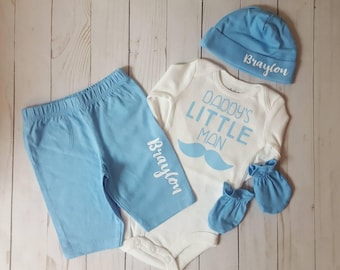Baby Boy, CHOOSE SIZE, Newborn Take Home Outfit, Pants, Monogram Beanie Hat, Mittens, Hospital Photo, Little Brother, Daddy's Little Man