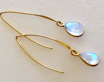 Moonstone Earrings, Natural Rainbow Moonstone, Blue Fire, June Birthstone, 24K Gold Vermeil Bezel, Bridal