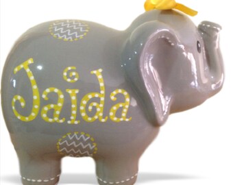 Personalized Large Elephant Piggy Bank Gray Yellow & Chevron Polka Dots - Newborns, Birthday Girls,Flower Girl,Baby Shower Gift Centerpiece