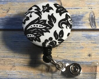 Black/White Print Badge Reel Slide Clip or Swivel Clip - Id Holder- Retractable Monogram Optional