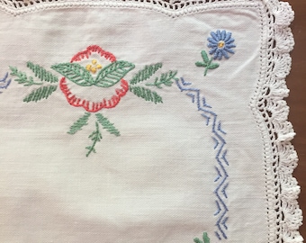 ON SALE Table Runner Dresser Topper Homespun Embroidered 1940s Hand Embroidered and Crocheted Lace Border Multicolors 15 x 9 1/2