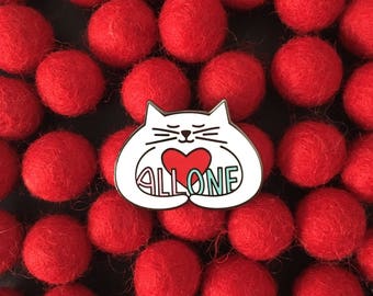 All One hugging cat enamel pin - white cat pin, cute cat pin, charity pin, lapel pin badge, kitty love, political pin, HibouDesigns