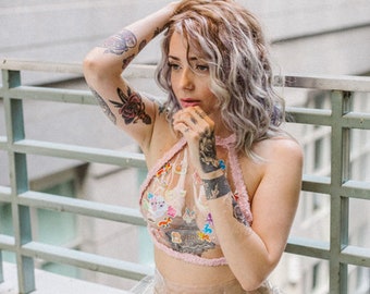 New York Couture *One of a Kind* CLEAR Stickers Plastic Tie-Back Party Halter Crop Top