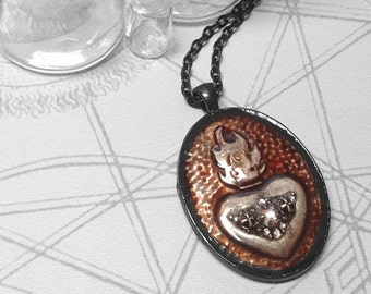 Plum Jewelled Sacred Heart : hand embossed repoussé metal pendant necklace