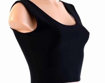 Black Zen Soft Knit Lycra Spandex Bodycon Clubwear Crop Top with Scoop Neckline 154284