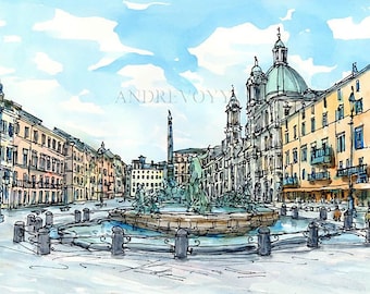 Rome Piazza Navona Italy art print from an original watercolor painting
