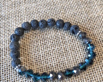 Black Lava Rock Beads - Green Glass Beaded Bracelet