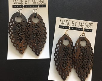 Lightweight Statement Earrings - Gold or silver finishings available - Dark Brown (Dyed) Bone