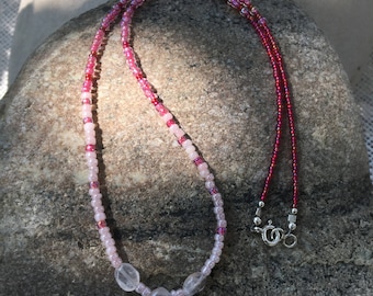 Rose Quartz Briolette Pendant , Pink Ombre Seed Bead Necklace, Necklace and Gift Card Set