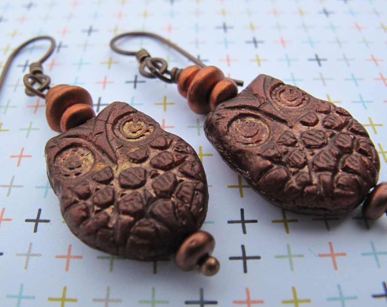 Cinnamon owls Copper Owls Owl earrings Owl Jewelry Glass