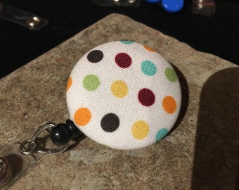 Name badge fabric covered badge reels polka dot design