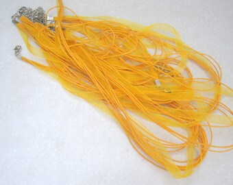 Orange Organza Ribbon Wax Cord Necklace with Chain - Set of 8- 17 inches