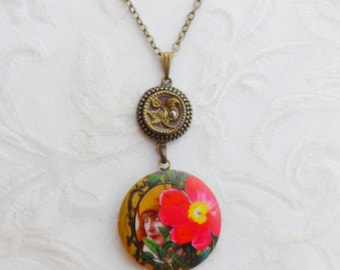 50% Off Antique Button Locket Necklace, Flapper Girl, 1920's, Rose of Sharon