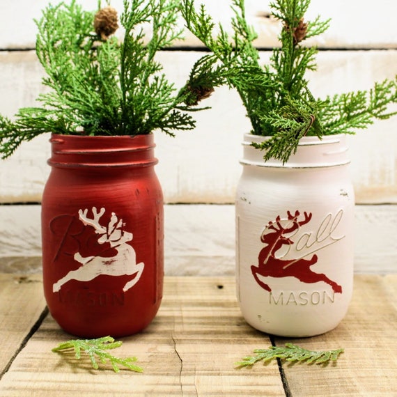 Reindeer Mason Jar Rustic Holiday Vase Christmas Mason Jar