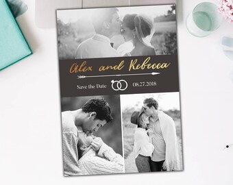 Printable or Printed Save the Date Black and White photo montage gold