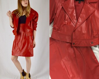 M/L 1980s Wilson's Red Leather Jacket and Skirt Set