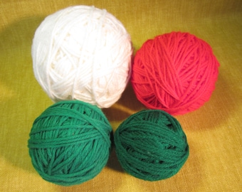 4 yarn balls, 2 green 3", 1 red 4", 1 white 5", acrylic 4ply worsted weight, 9 oz total
