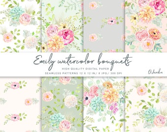 Emily Watercolor Bouquets Seamless Patterns. Digital Paper. Scrapbooking. Floral Illustration. Design. Pink Flowers, Rose, Peony, Fern