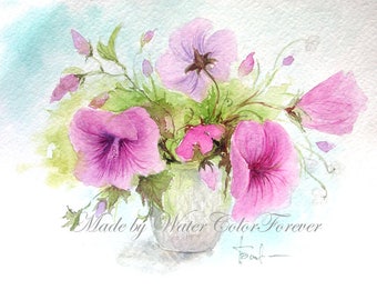 Original watercolor, watercolor painting, bouquet of flowers, petunia painting, art flowers, pink flowers, summer flowers, gift, wall art