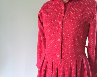 Red Polka Dot Dress, Vintage Dress, 1980s Red Dress, Prairie Dress, New Zealand, Size 6-8 US 8-10 UK