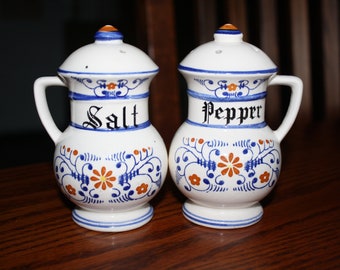 Vintage Salt & Pepper Shakers Blue, White and Orange Floral Pattern