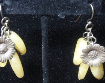 Vintage Glass Leaf and Sterling Flower Earrings