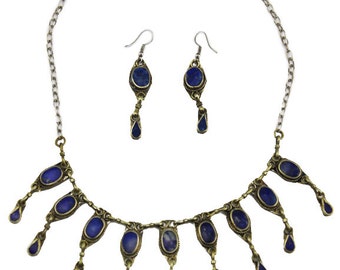 Blue Bib Necklace and Earrings, Lapis Lazuli Bib Necklace and Earrings, Blue Bead Necklace, Blue and Silver Necklace, Lapis Lazuli Necklace