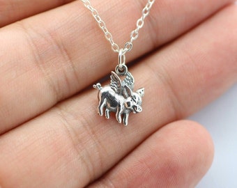 FLYING PIG CHARM Necklace - 925 Sterling Silver - When Pigs Fly Piggy Wings New
