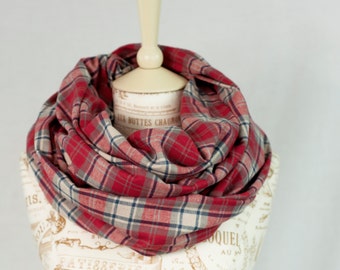 Red Plaid Infinity Scarf, Red Flannel Plaid Scarf, Beauty Gift Clothing Gift, Scarf Tartan Plaid Scarf, Womens Scarves Mother Gift for Her
