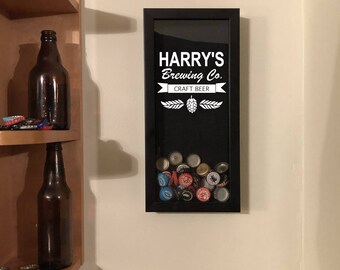 Bottle Cap Holder Shadow Box - Custom Name - Brewing Co. Craft Beer - Black (6" x 14") - Vinyl Decal Gifts, Home Bar Accessories