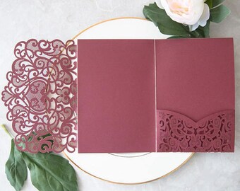 Burgundy Shimmer Laser Cut Invitation. Wedding Invitation. Quince. Sweet Sixteen. Custom Colors. Lace Invitation Pocket. Anniversary