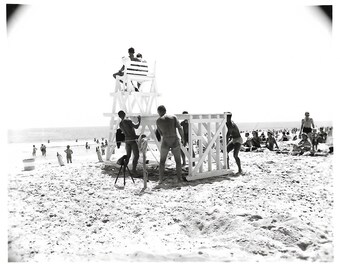 Vintage Snapshot "Lifeguard Station" Muscular Shirtless Men Swim Trunks Lifeguards Beach Found Vernacular Photo