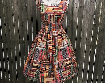 Claudia Dress in Packed Books Library Fabric