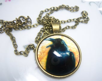 Cute Crow Raven Cabochon Bronze Glass Chain Pendant Necklace, Raven Jewelry, Crow Jewelry, Bird Lover Necklace, Bird Collector, Bird Pendant