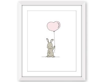 Woodland Nursery Art -- Bunny Heart Balloon -- Bunny Nursery Art -- Children Art -- Kids Wall Art