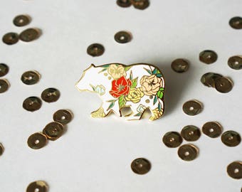 Floral Bear Hard Enamel Pin - 1.25" Gold Plated