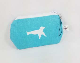Mini Zipper Pouch Turquoise and White Flying Dove Bird Silhouette / Coin Purse / Scissor Case / Stitch Marker Pouch