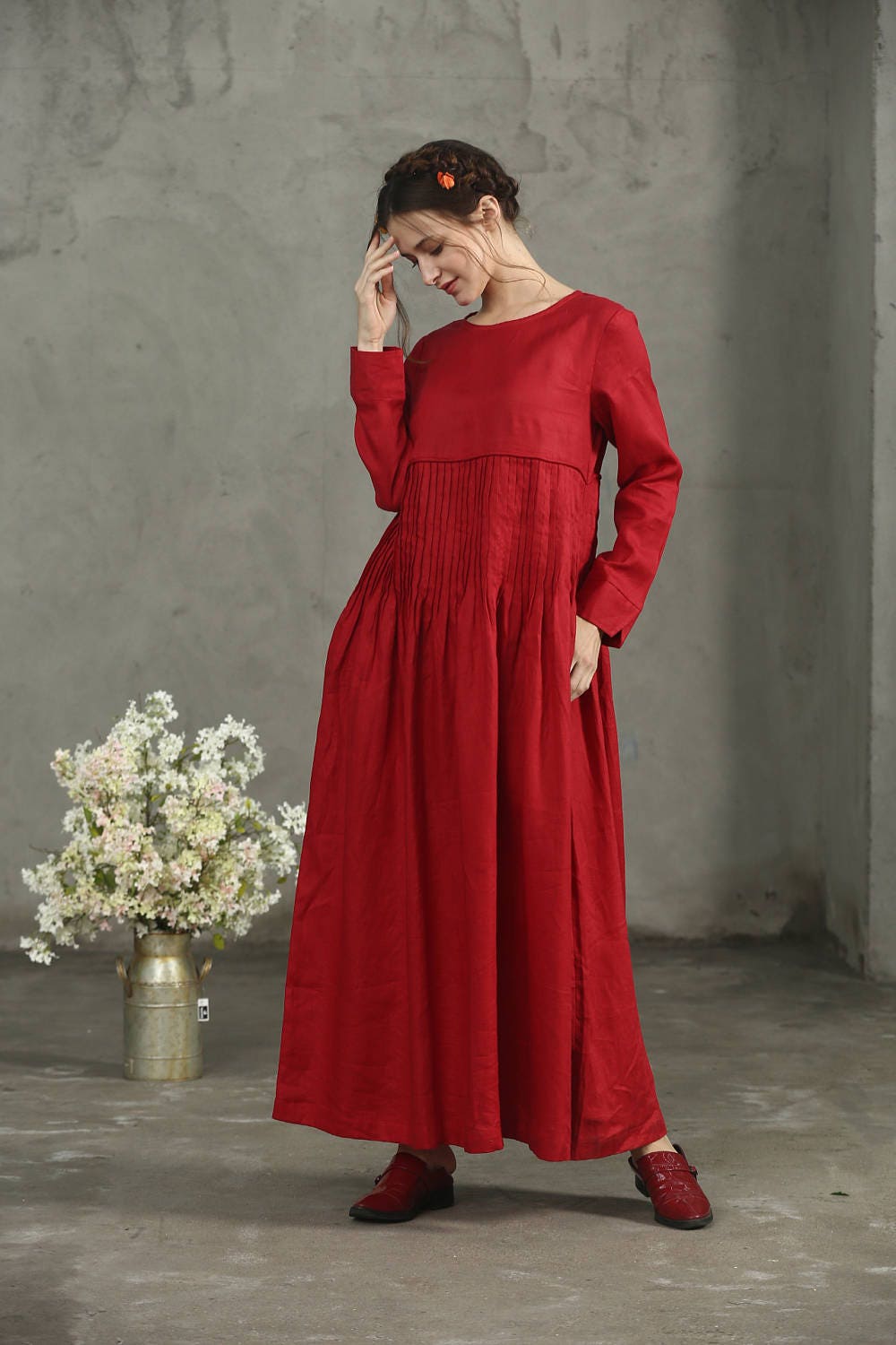 Maxi Linen Dress Red Dress Pleated Waist Dress Red Linen