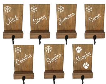 Stocking holder, reclaimed wood, personalized, mantle decor, rustic Christmas, stocking hook, name stocking, pet stocking hanger